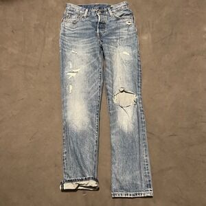 Levi's 501 '90s Premium Selvedge Denim Jeans Women Szie 25x30 Blue Distressed